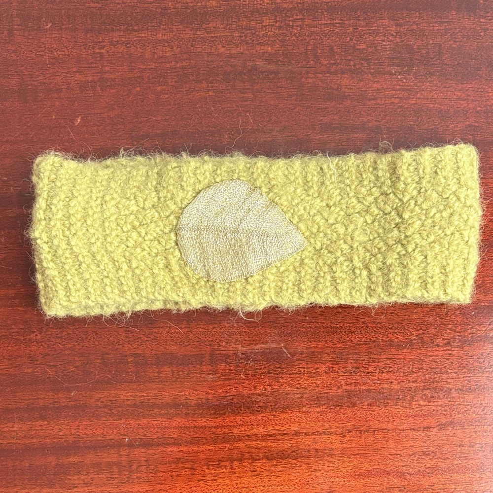 Alpaca and Silk blend Olive Knit Headband with Leaf Accent and ponytail spacer